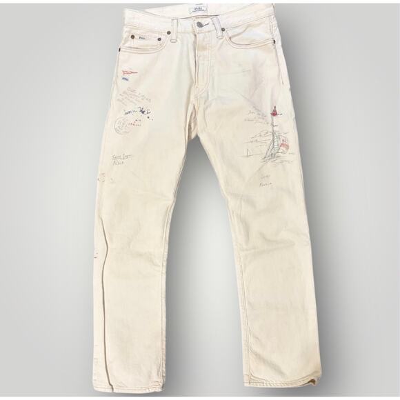 Polo Ralph Lauren Varick Slim Straight Jeans Men's 30x30 White Painted Nautical - Picture 2 of 9